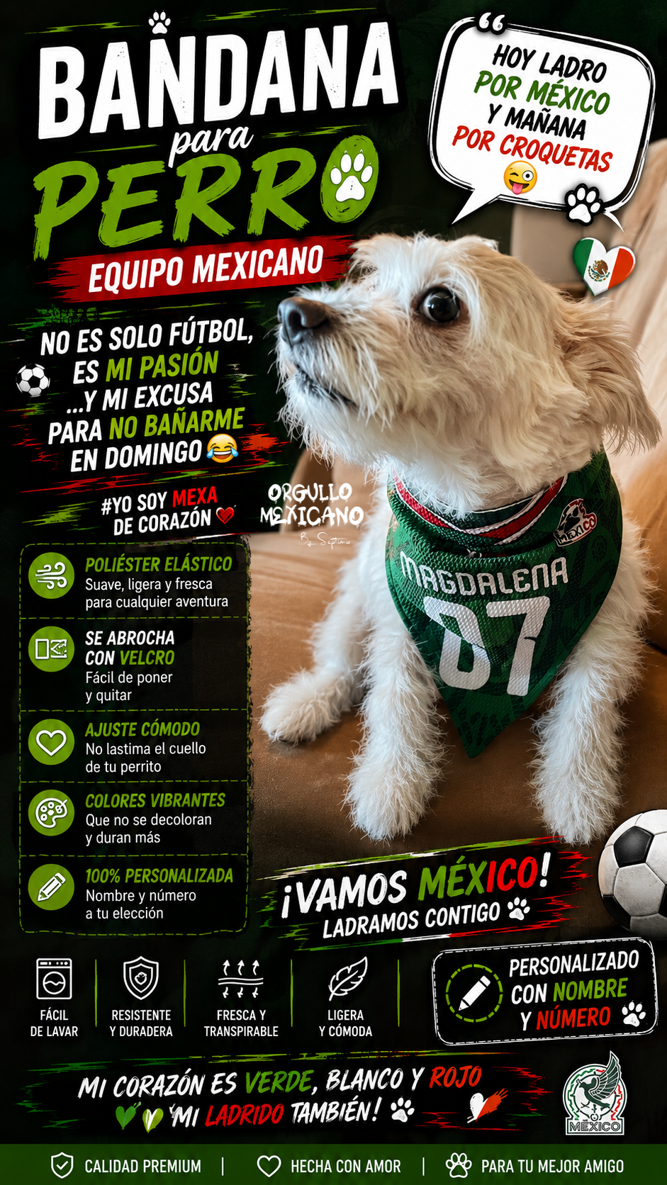 🇲🇽 Bandana para Perro Personalizada Equipo México | Nombre y Número Personalizado | Bandana Mexicana para Mascotas