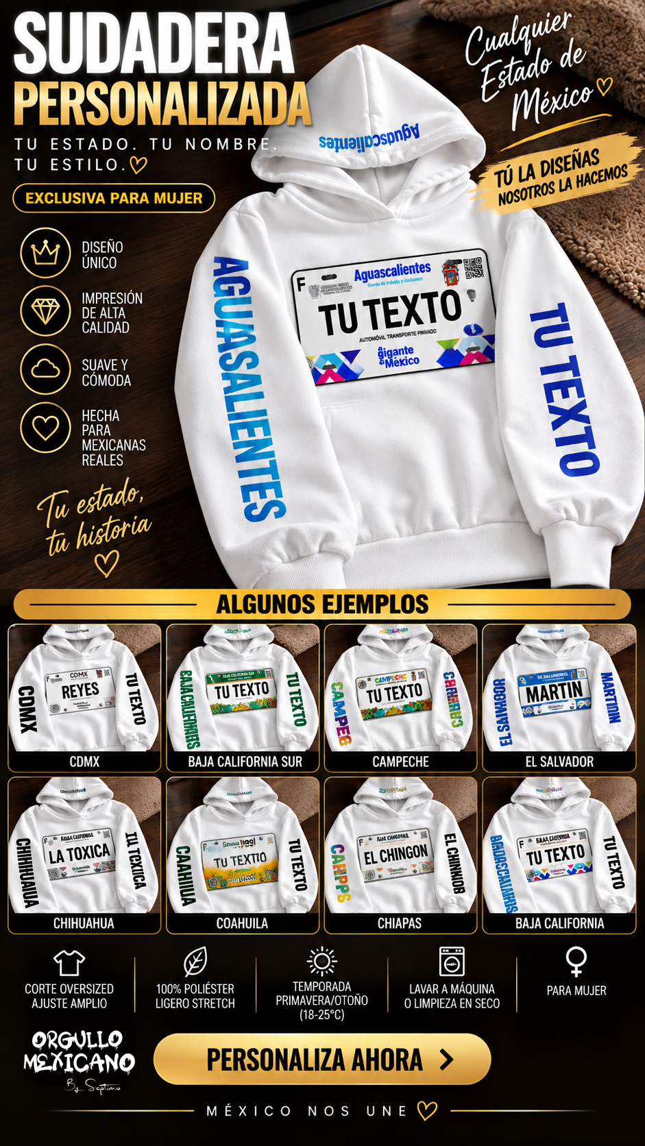 Sudadera Personalizada de tu Estado de México 🇲🇽 | Placa con Tu Texto + Estado en Mangas y Gorro | Hoodie Mexicana Personalizada
