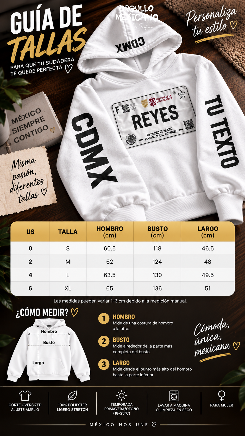 Sudadera Personalizada de tu Estado de México 🇲🇽 | Placa con Tu Texto + Estado en Mangas y Gorro | Hoodie Mexicana Personalizada