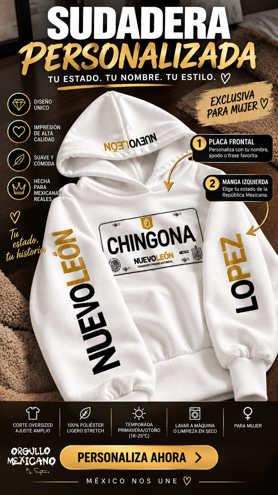 Sudadera Personalizada de tu Estado de México 🇲🇽 | Placa con Tu Texto + Estado en Mangas y Gorro | Hoodie Mexicana Personalizada
