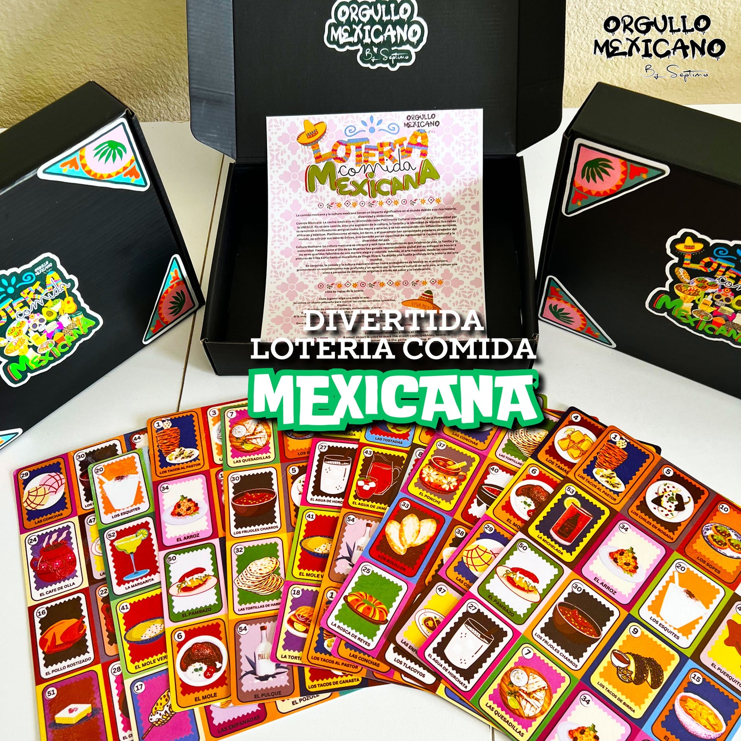 LOTERIA PLATILLOS Y BEBIDAS MEXICANOS, resistente al agua, 54 cartas y 10 tablas no repetidas