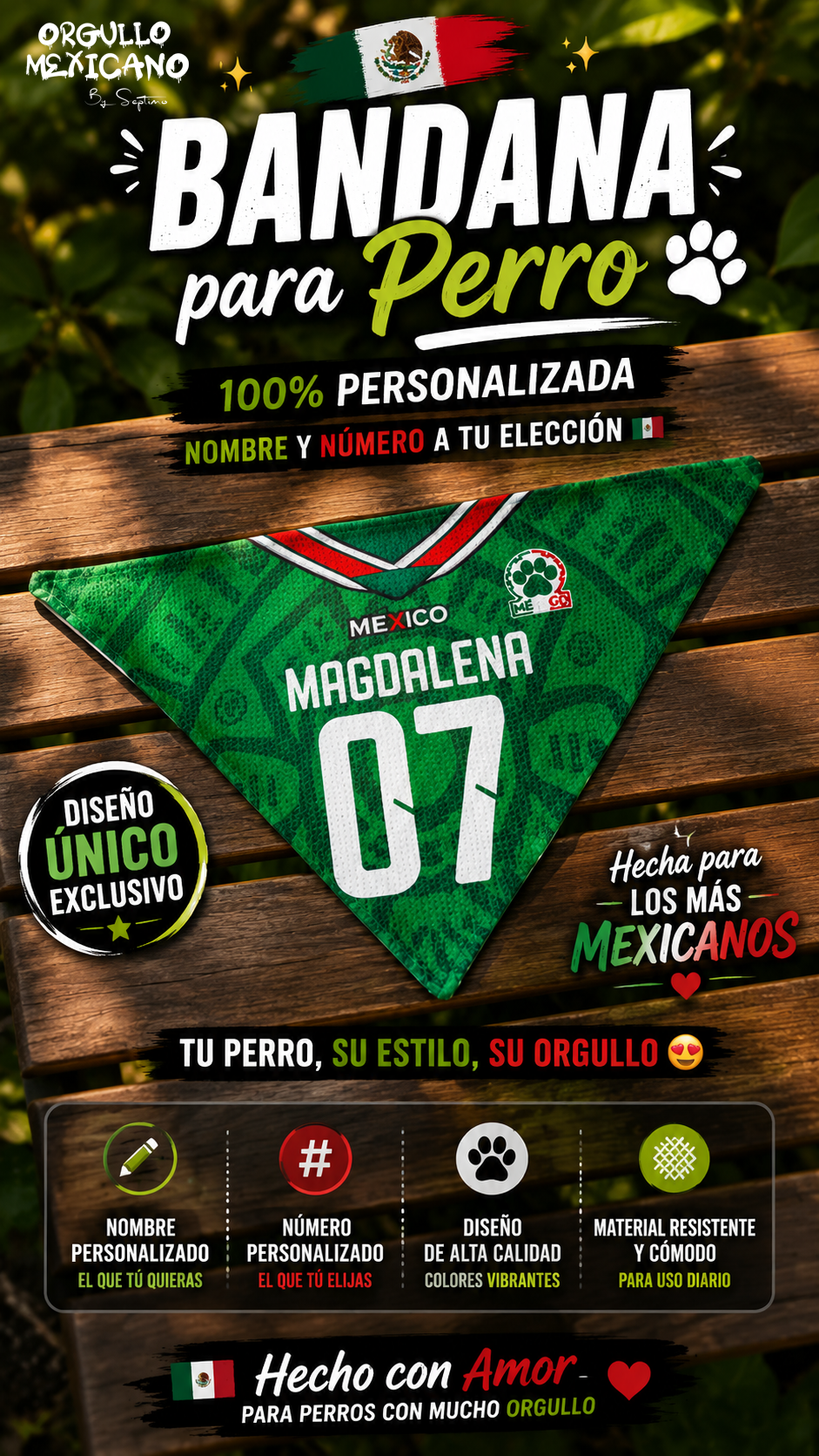 🇲🇽 Bandana para Perro Personalizada Equipo México | Nombre y Número Personalizado | Bandana Mexicana para Mascotas