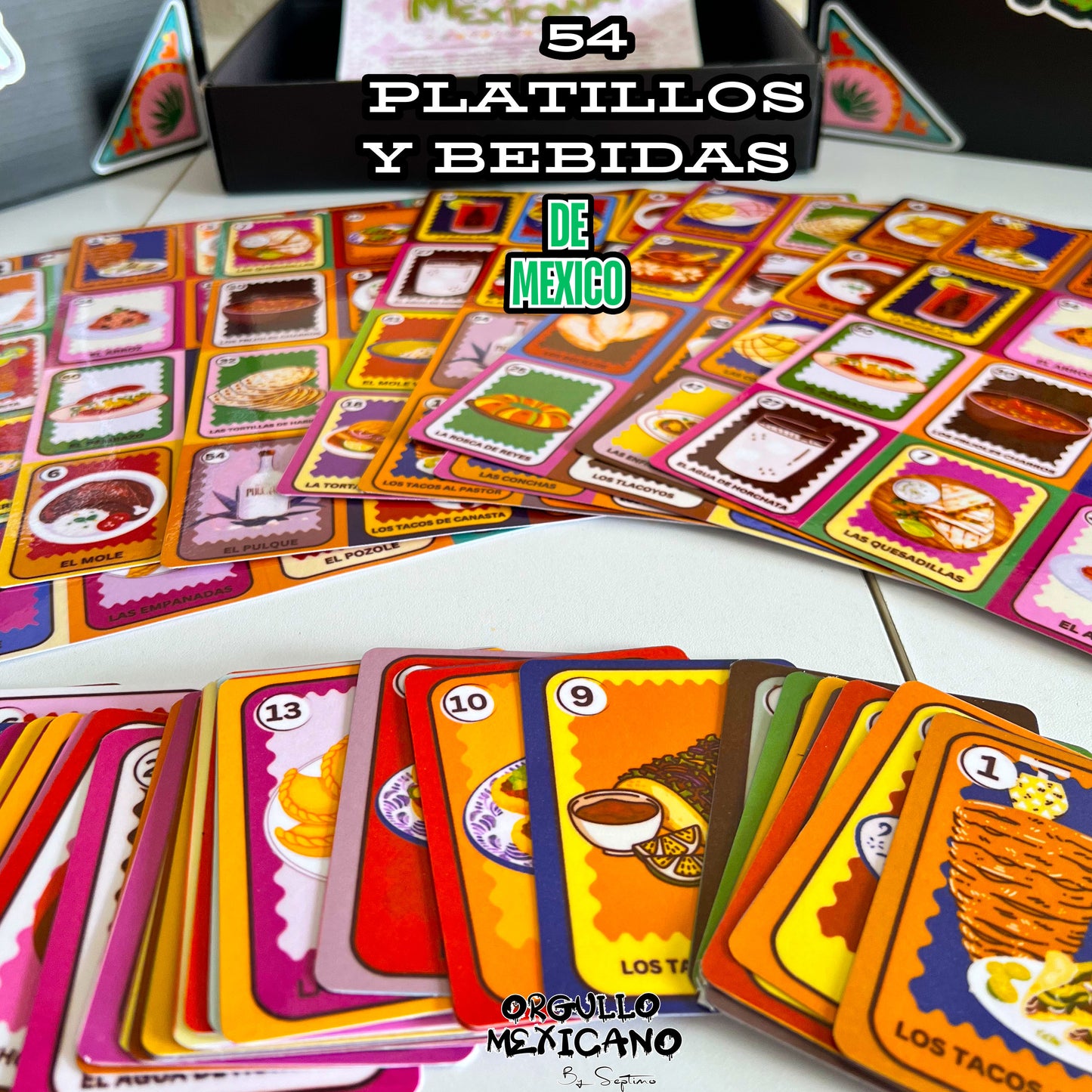 LOTERIA PLATILLOS Y BEBIDAS MEXICANOS, resistente al agua, 54 cartas y 10 tablas no repetidas