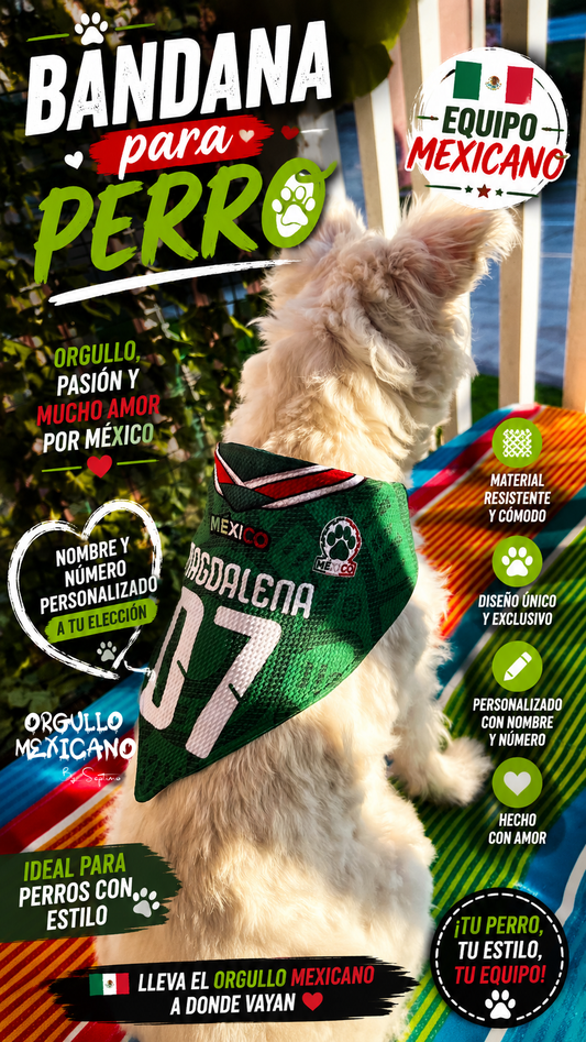 🇲🇽 Bandana para Perro Personalizada Equipo México | Nombre y Número Personalizado | Bandana Mexicana para Mascotas