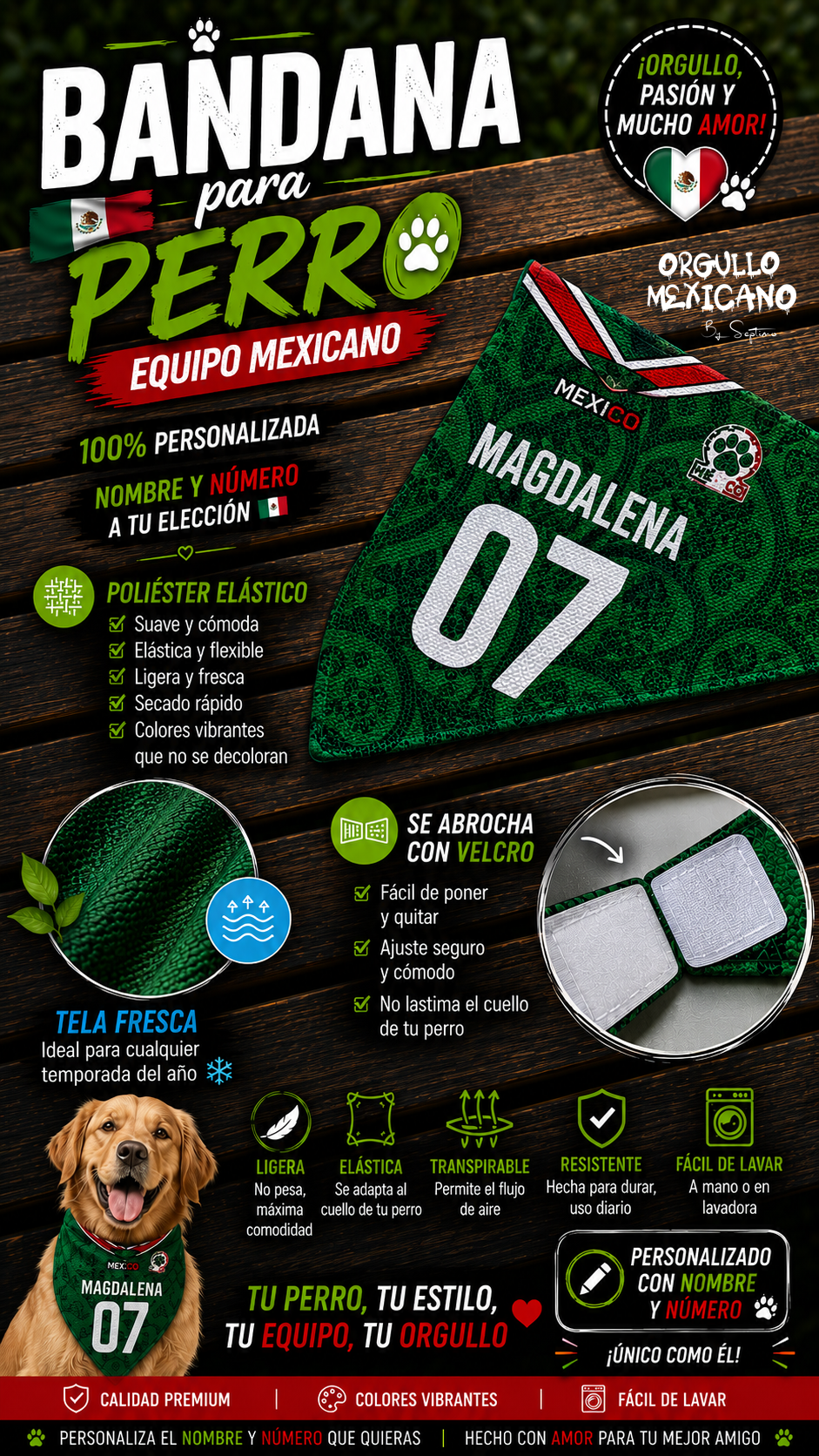 🇲🇽 Bandana para Perro Personalizada Equipo México | Nombre y Número Personalizado | Bandana Mexicana para Mascotas
