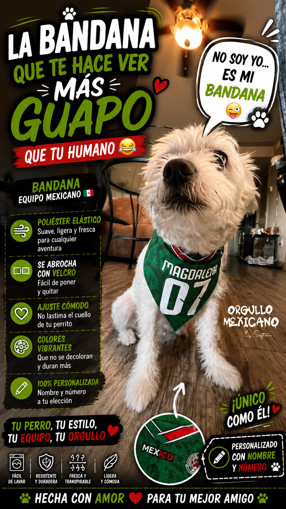 🇲🇽 Bandana para Perro Personalizada Equipo México | Nombre y Número Personalizado | Bandana Mexicana para Mascotas