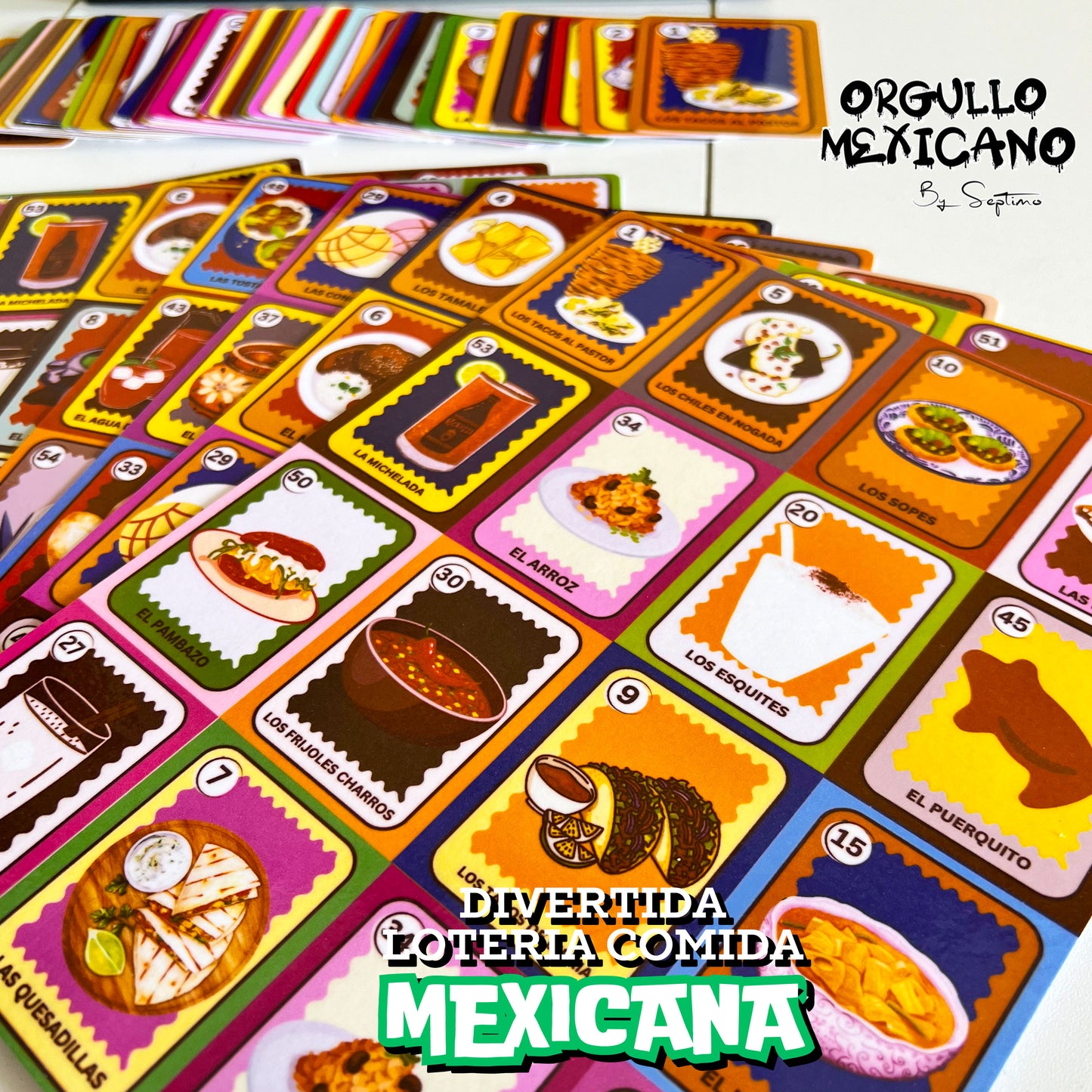 LOTERIA PLATILLOS Y BEBIDAS MEXICANOS, resistente al agua, 54 cartas y 10 tablas no repetidas