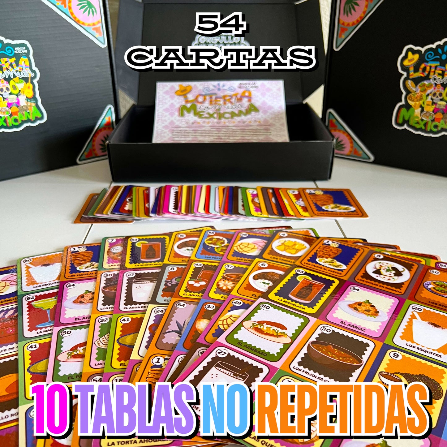 LOTERIA PLATILLOS Y BEBIDAS MEXICANOS, resistente al agua, 54 cartas y 10 tablas no repetidas