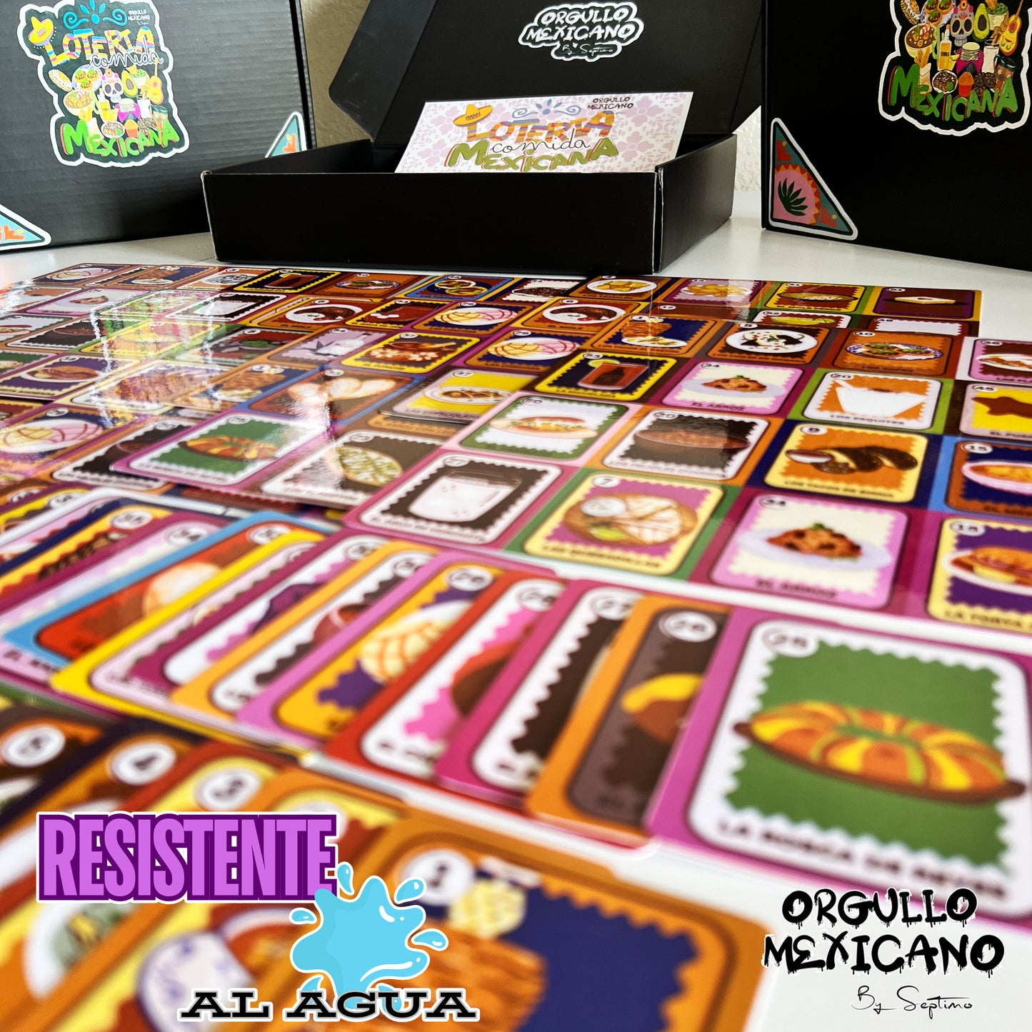 LOTERIA PLATILLOS Y BEBIDAS MEXICANOS, resistente al agua, 54 cartas y 10 tablas no repetidas