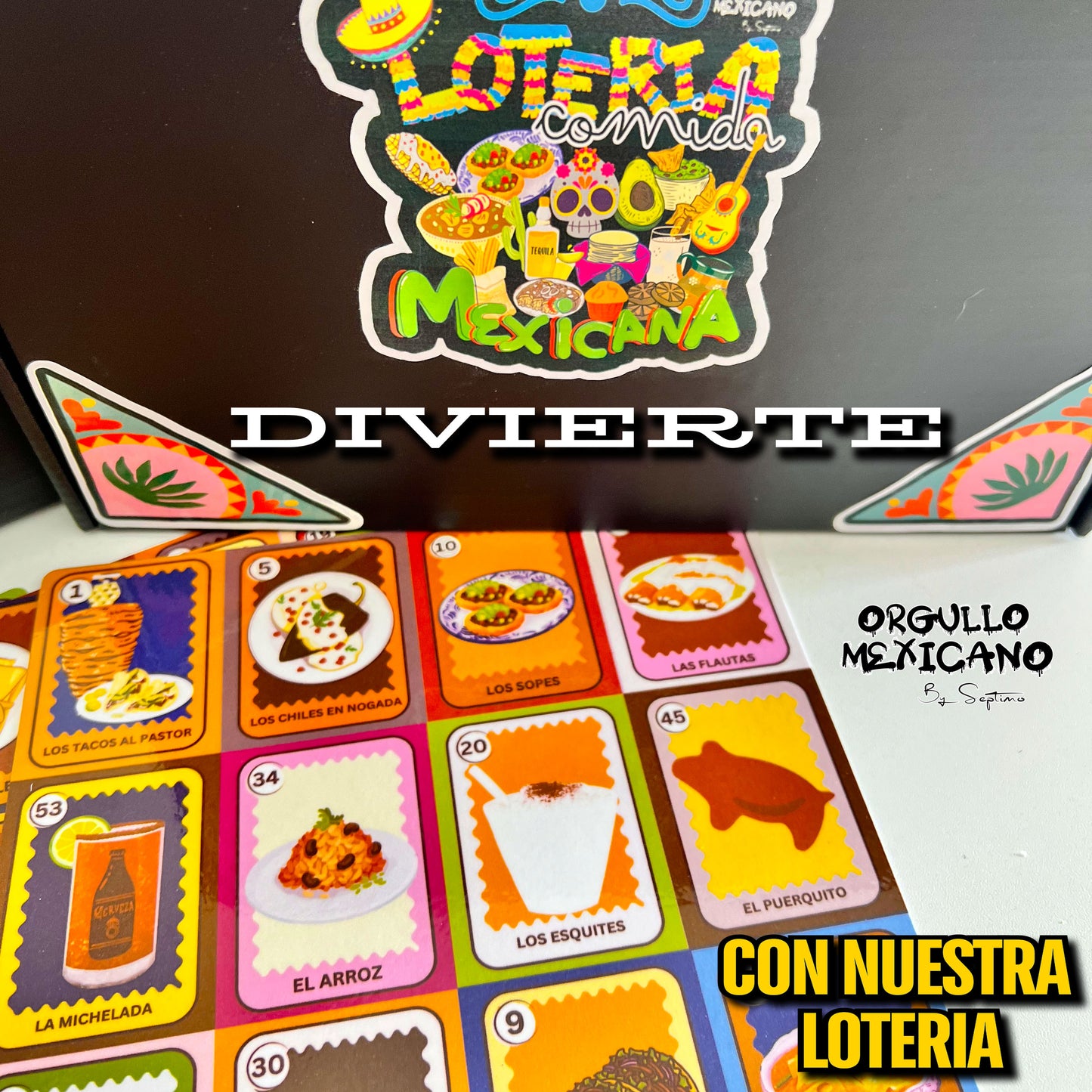 LOTERIA PLATILLOS Y BEBIDAS MEXICANOS, resistente al agua, 54 cartas y 10 tablas no repetidas