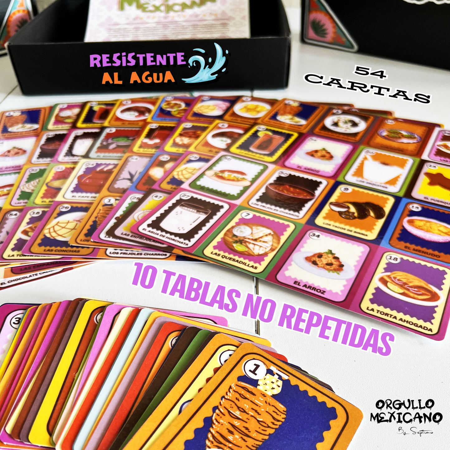 LOTERIA PLATILLOS Y BEBIDAS MEXICANOS, resistente al agua, 54 cartas y 10 tablas no repetidas